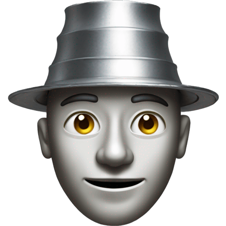 a man made entirely of tin, with a gleaming metallic body composed of smooth, jointed plates, a round head featuring simple facial details, a funnel-shaped hat on top emoji