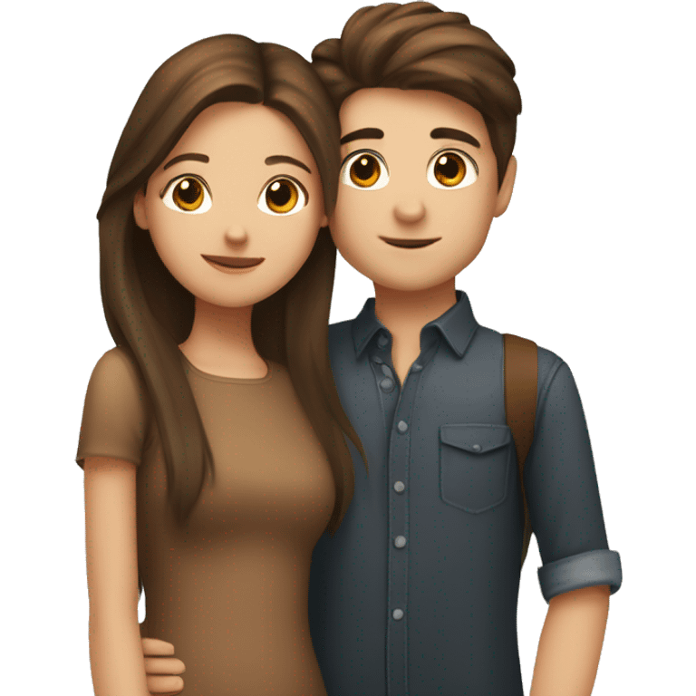 A girl with long brown hair kissing a boy on the cheek, he has short brown hair  emoji