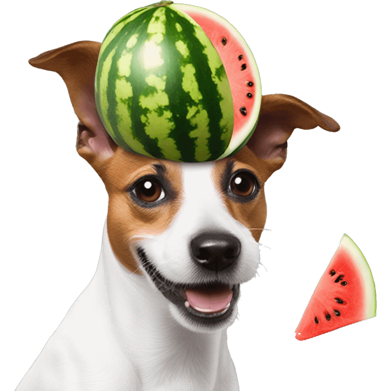 a jack russel with a watermelon on his head making a helmet of himself emoji