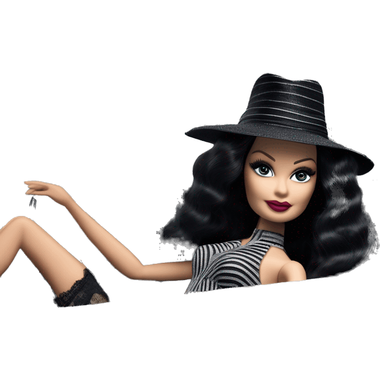 Bouclé Beauty Lingerie Barbie, Morticia Addams from academy, in dark-gray and black striped outfit with hat. Driving 1965 Mercedes 190 emoji