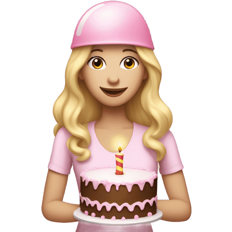 White woman, long hair, blonde hair, wavy hair, baby pink party hat, holding birthday cake emoji