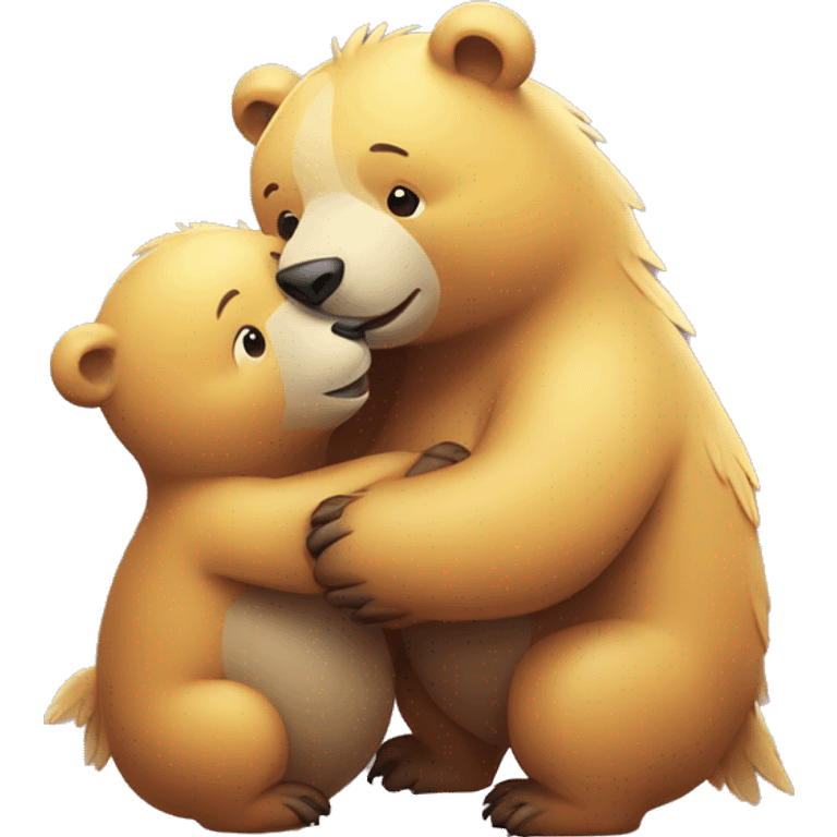 Create an image of a bear and a dodo affectionately embracing each other, symbolizing a heartwarming friendship between two unlikely animal companions emoji