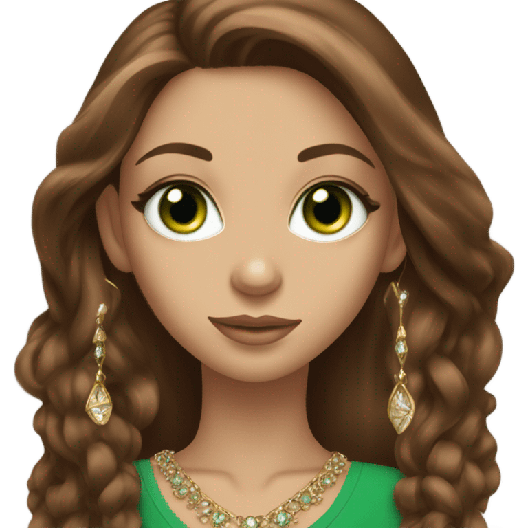 beautiful green eyed girl with beautiful long brown hair, that look like a super model, with jewellery  emoji