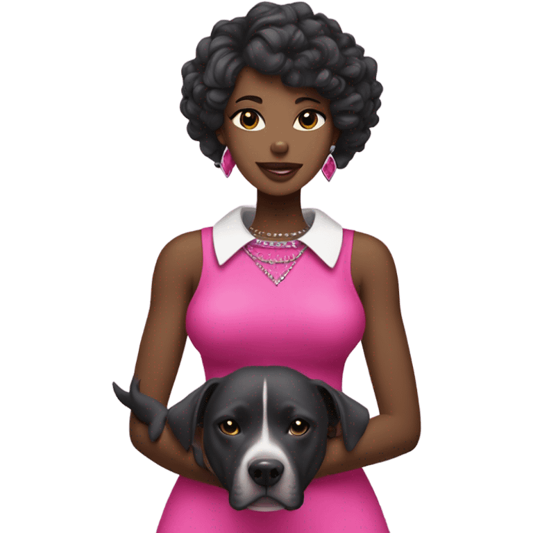 Black lady with black hair wearing hot pink dress hugging large grey pitbull with spiked pink collar emoji