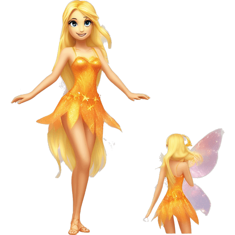 Stella adult fairy of the sun and the moon in her enchantix fairy orange two-piece clothing and fairy enchantix wings and long blonde hair from winx club. Lots of sparkles and fairydust. Full body pic and full fairy bliss emoji