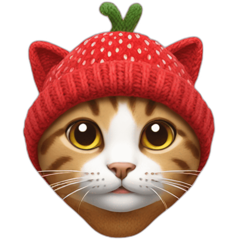 cat with a knitted hat resembling a strawberry emoji