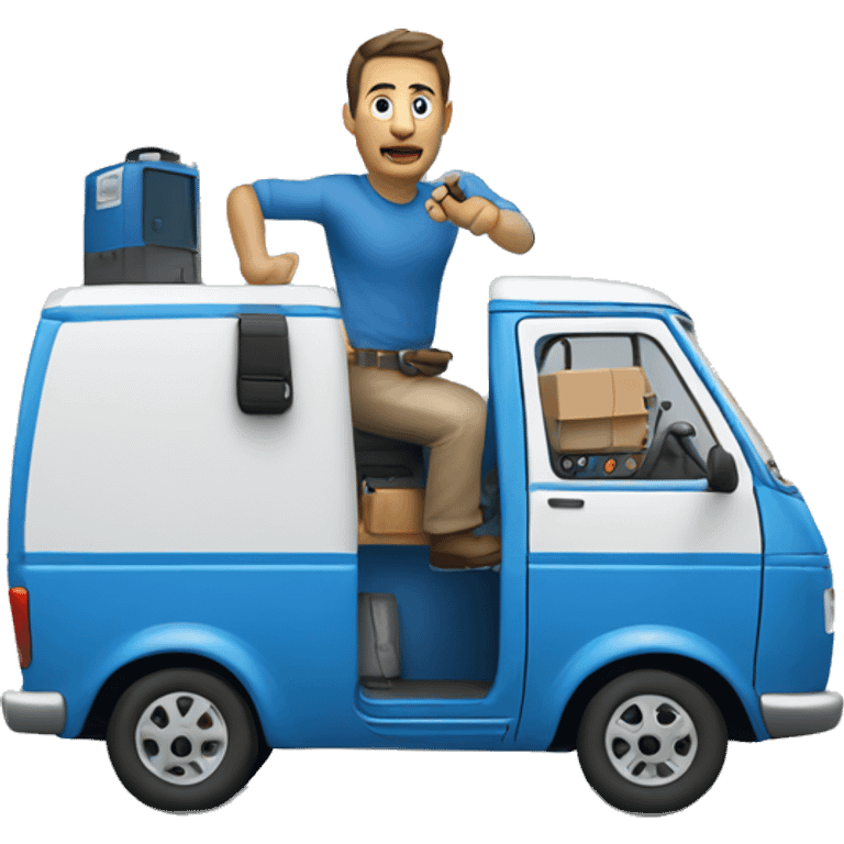 Italian man driving a blue van with a generator attached at the back emoji