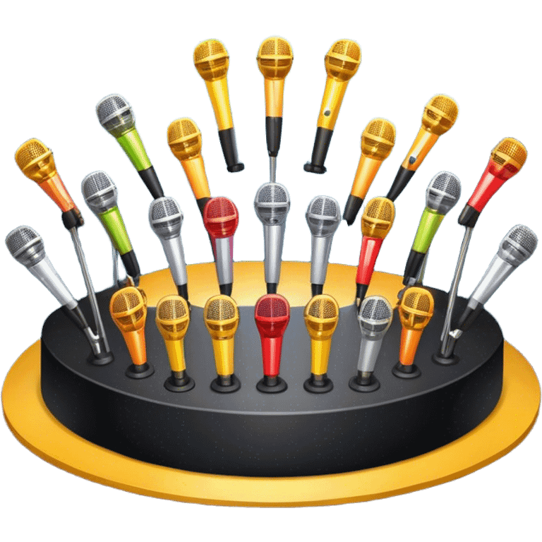 Create a vibrant and dynamic emoji that represents choral vocal performance. The design should feature 10 vintage stage microphones arranged in a semi-circle on a concert stage, symbolizing a vocal group or choir. Add musical notes flowing around the microphones to represent harmony and unity in the performance. Include concert lighting and a celebratory atmosphere to convey the excitement of live music. Use bright, bold colors like red, gold, and silver to emphasize the energy and glamour of the stage. The background should be transparent. emoji