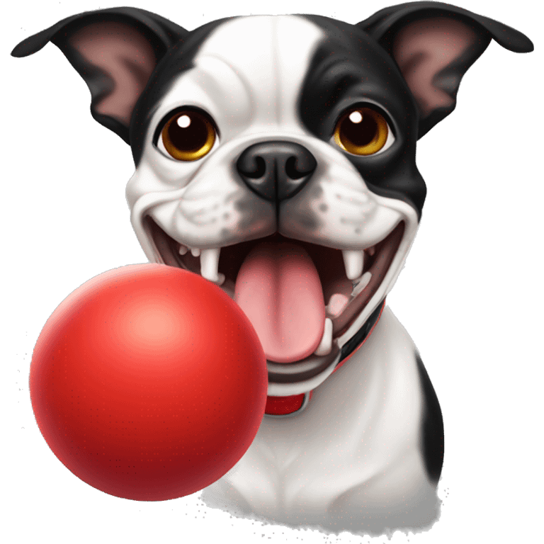 Boston terrier with a red ball in his mouth emoji