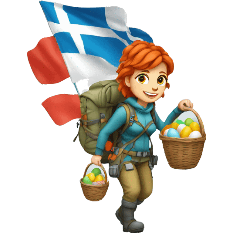 Female winter mountain climber red hair climbing, holding Greek flag on backpack and holding Easter eggs basket emoji