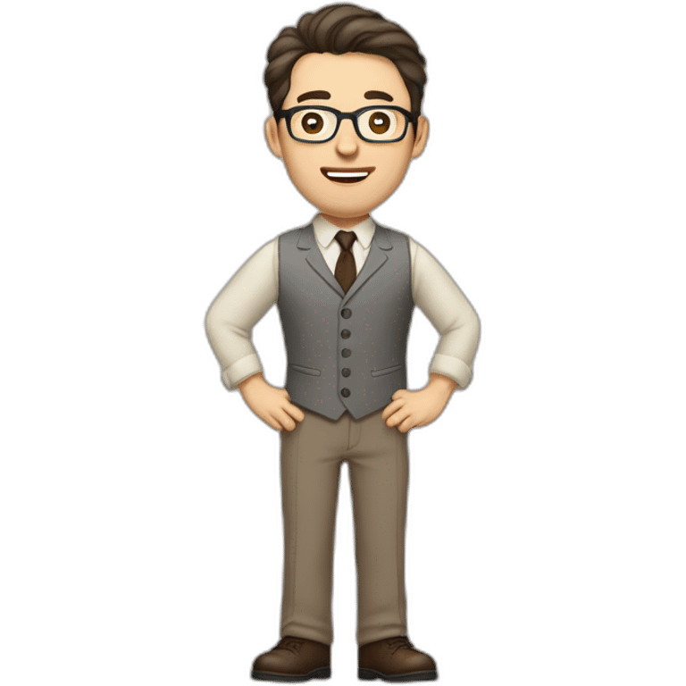 Full height Pale skinned Fit Man With dark brown hair in gray jacket, vest, tie, beige office shirt, Brown pants and vintage glasses. Thrumbs of his palms directed up emoji