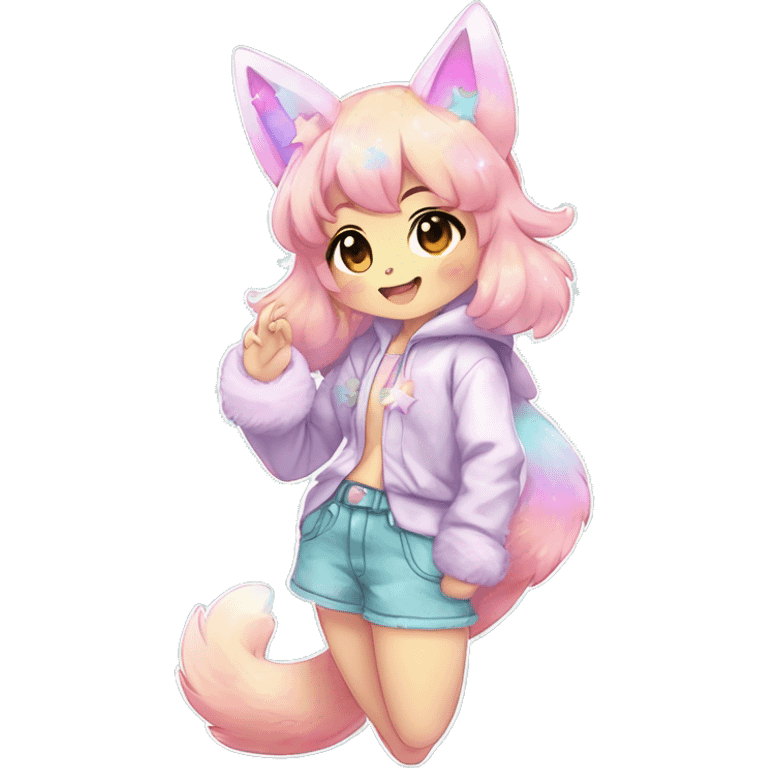 Anthro Cute Gorgeous Petite Shiny Colorful Pastel Glitter Sparkle Stars Gradient Anime Chibi Animal-Fakémon-Pokémon-Hybrid Fur Sona Aesthetic Trending Style Full Body emoji