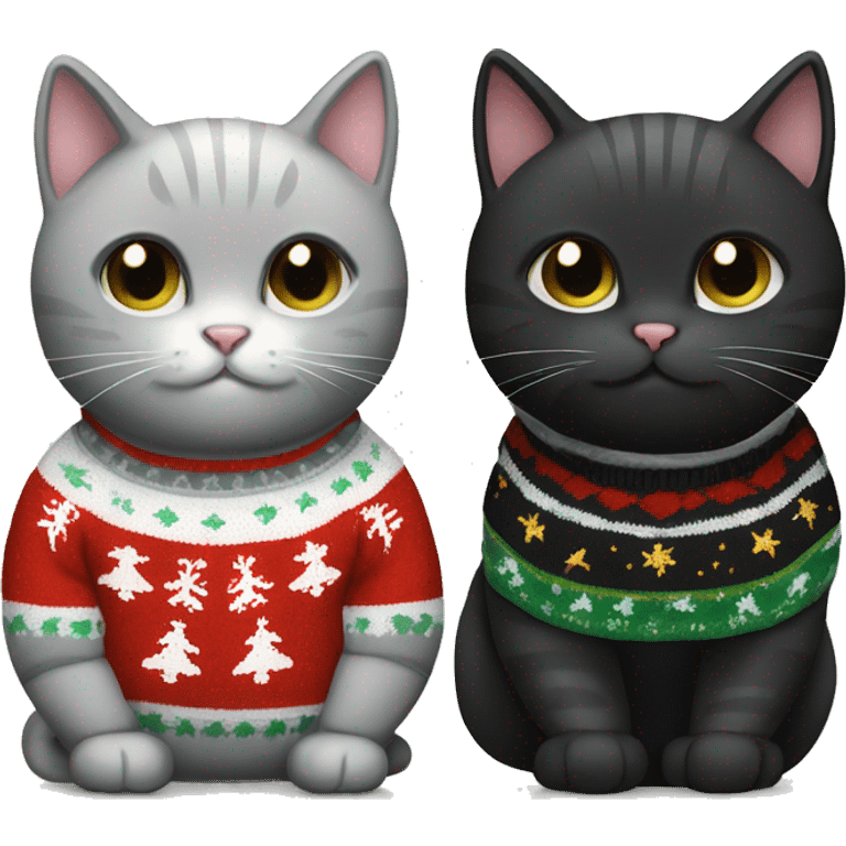 Tiny Black cat and old grey/white cat in Christmas sweaters emoji