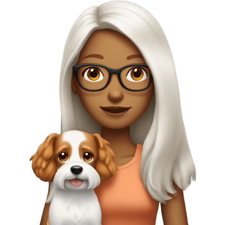 Tanned ginger girl with long hair and glasses holding small white dog  emoji