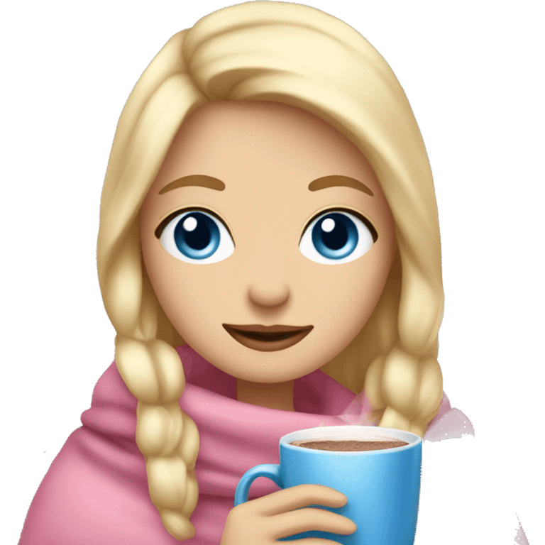 Blonde girl with blue eyes with a cozy pink blanket drinking hot chocolate  emoji