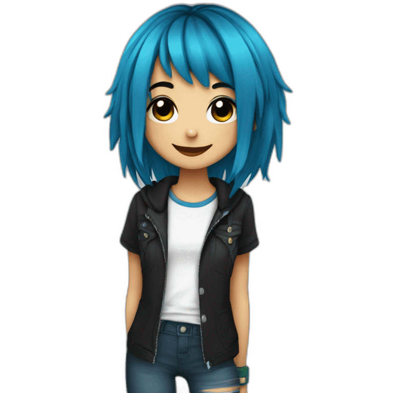 Happy emo girl, black makeup, long choppy blue hair side bangs emoji