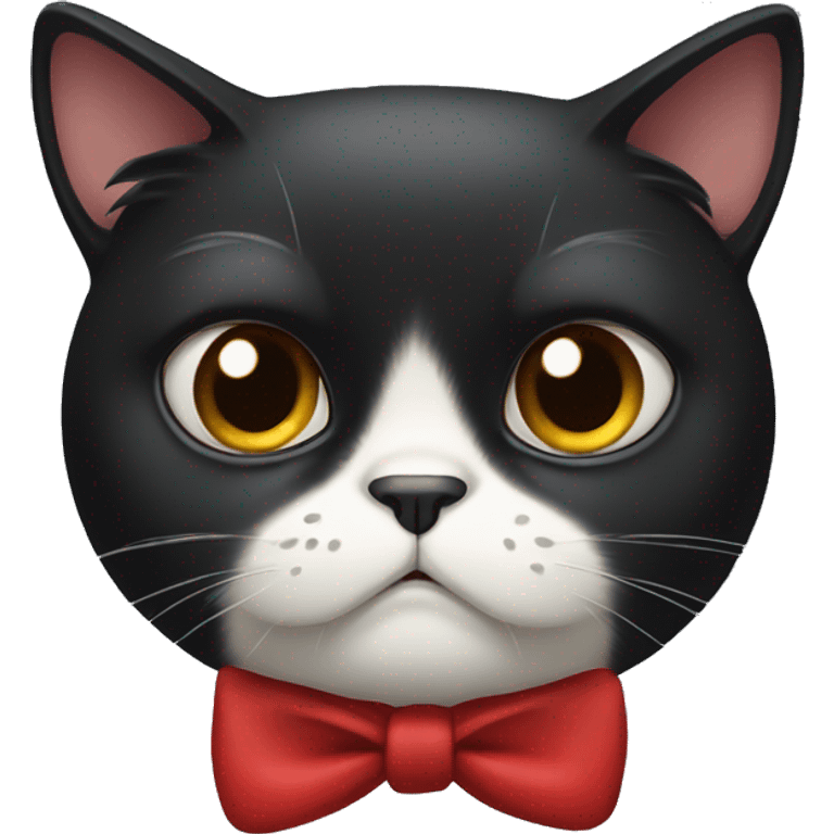 Grumpy Black cat with mostly black face but white chin, wearing red Bow tie emoji