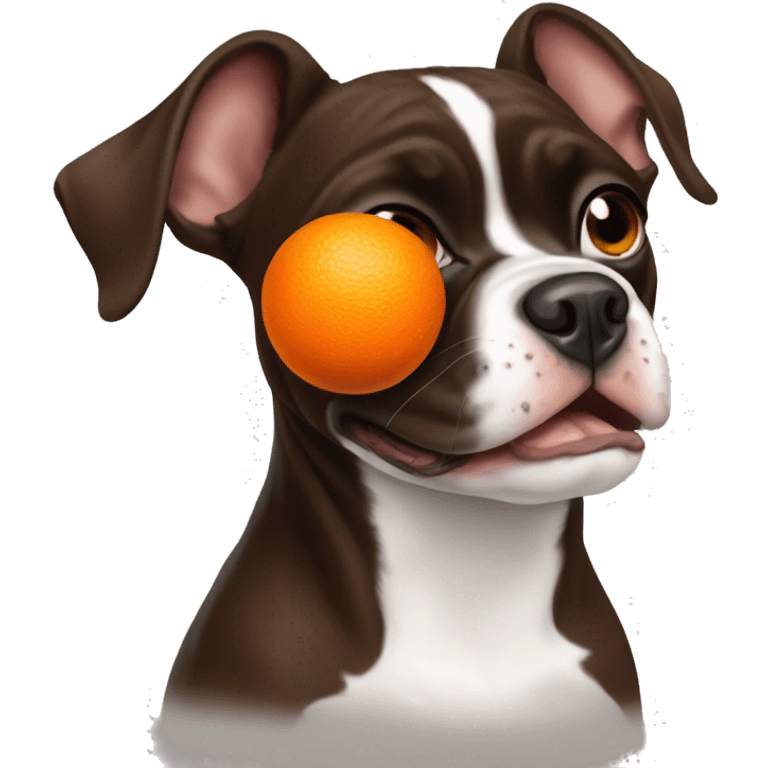 Brown Boston terrier with an orange ball in his mouth emoji