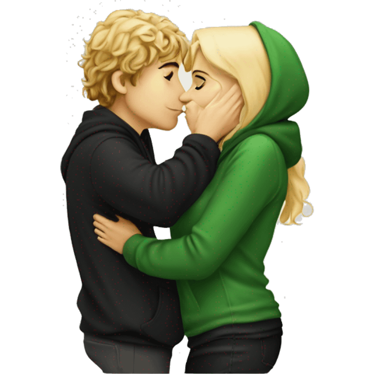 Pippin-hobbit wearing green hoodie passionately kissing pretty blonde woman with black top emoji