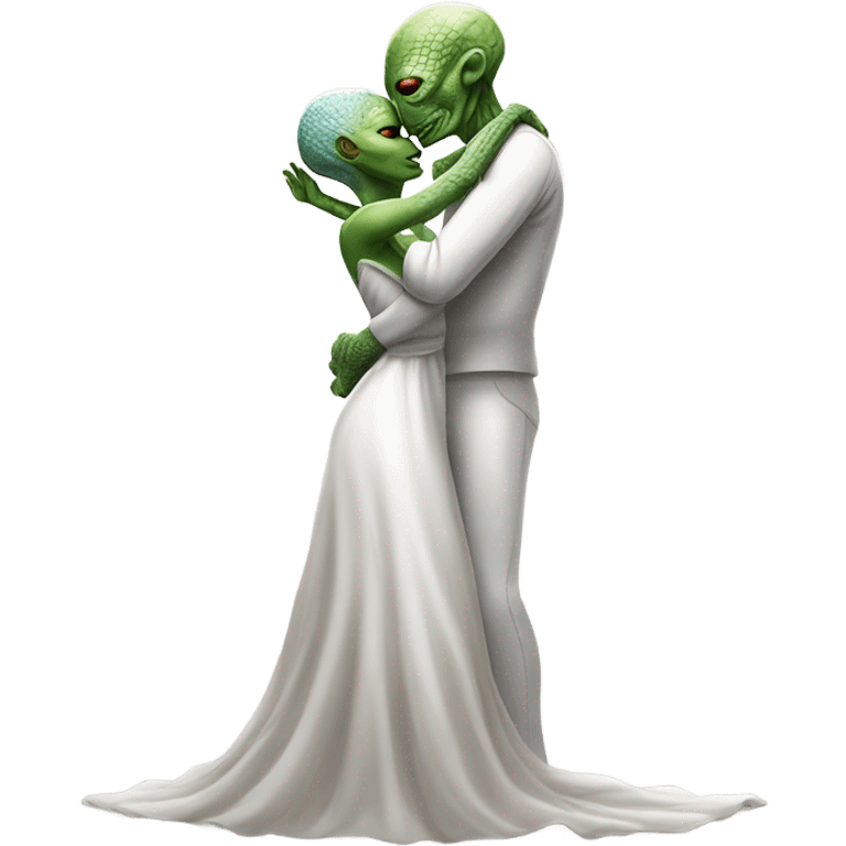 Alien reptilian woman in white dress hugs and kissing "white male human man" emoji