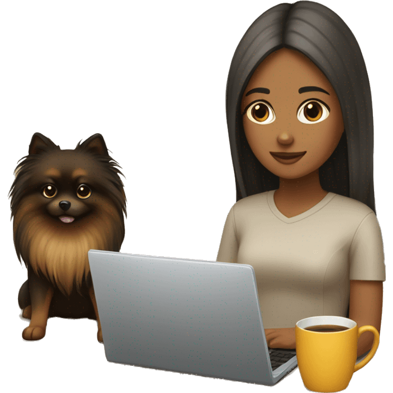 girl with long hair working on laptop, while her black-and-tan pomeranian is next to her emoji