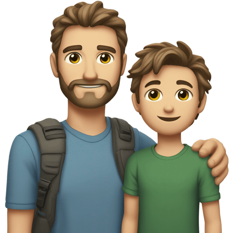 Handsome Father 40s green eyes with short full beard with Son 13s light brown eyes tousled bedhead look both has brunette hair light skin arms on shoulder portrait emoji