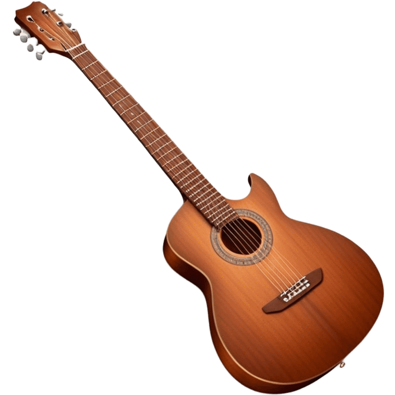 Cinematic Realistic Guitar, smooth mahogany body with intricate wood grain, steel strings reflecting soft light, gentle hand positioning on the fretboard, glowing with warmth and musical soul. emoji