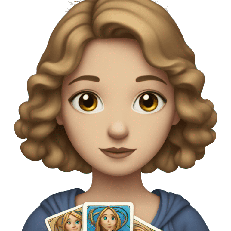 Girl with medium light brown hair and blue eyes with tarot cards in hands emoji