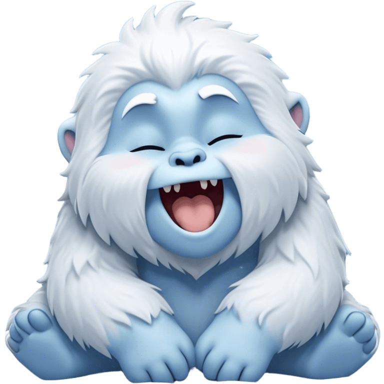 Cinematic Cute Yawning Yeti Portrait Emoji, with a charming, fluffy, snow-dusted figure in gentle whites and cool blues, head tilting back in a wide, endearing yawn with softly closed, peaceful eyes and a content little smile, simplified yet irresistibly adorable, highly detailed with a soft, frosty glow and outline capturing the serene slumber of a yeti! emoji