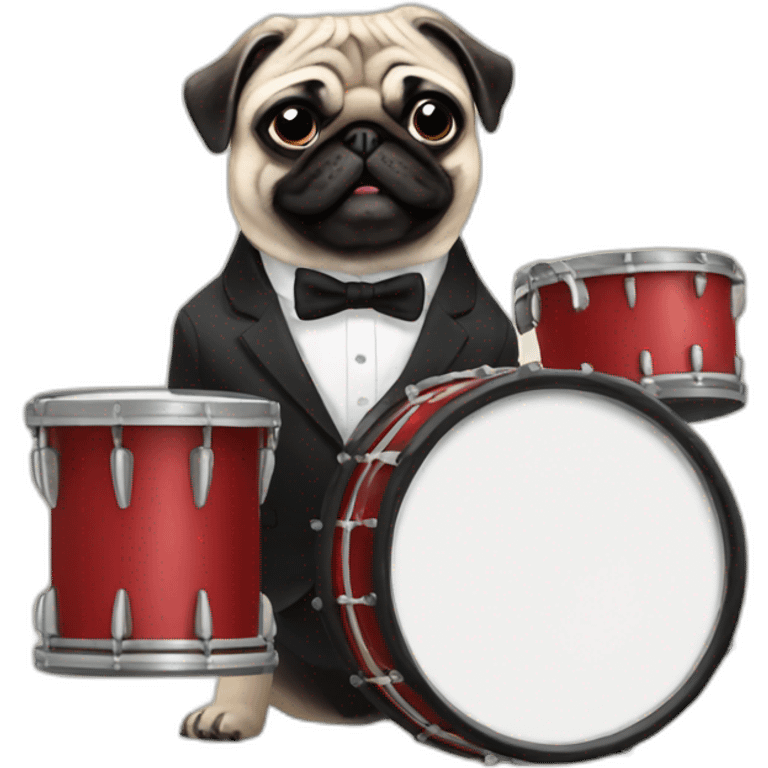 Pug with bow tie and suit playing drums emoji