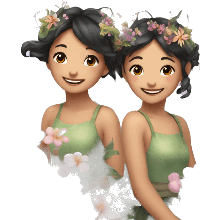 two fairies flying, beautiful, flowers in hair, smiling, aesthetic,asian girls emoji