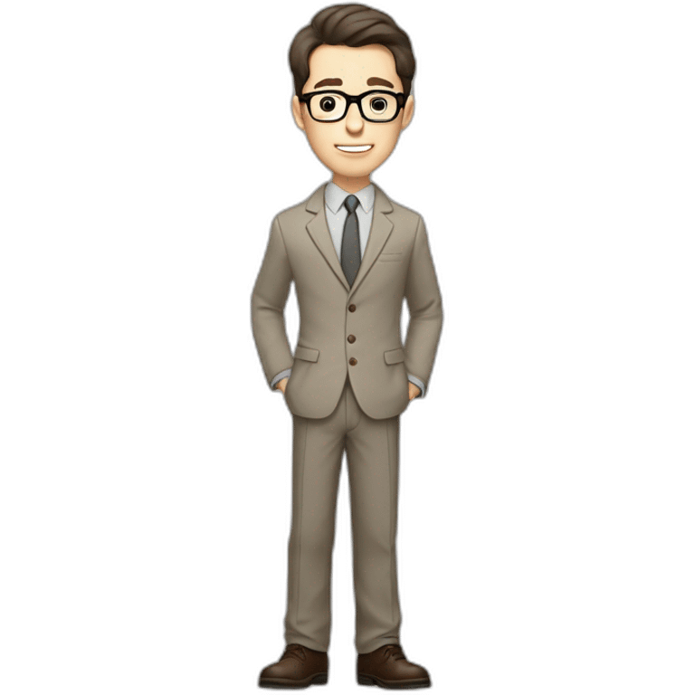 Full height Gesticulating Pale skinned fit man with dark brown hair in gray jacket, beige office shirt, brown tie, brown pants and vintage glasses. emoji