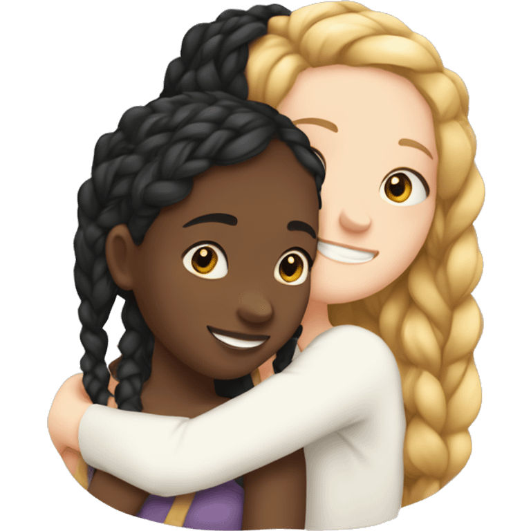 A black girl with braids hugging a white girl with wavy hair  emoji