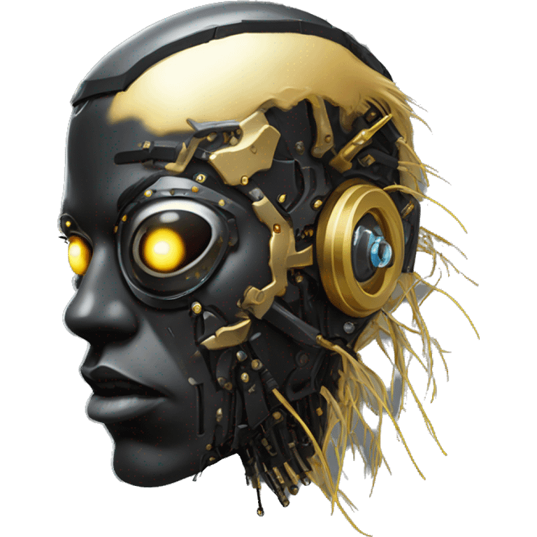 black metal male cyborg head with artificial eyeball, circuitry and wispy yellow gold hair emoji