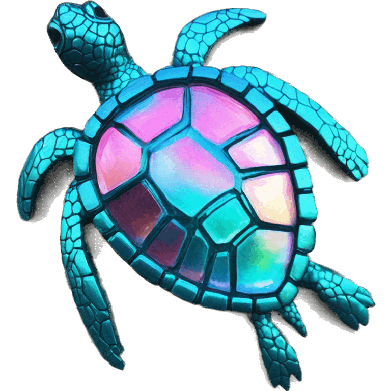 Sparkling cyan pink Turtle made from kaleidoscopic crystalline rainbow oilslick cyan glass, stained glass art emoji