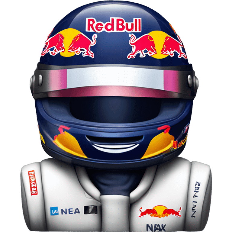 Tiny formula 1 Red Bull race car with Huge Nax Verstappen helmet sticking out of the cockpit emoji