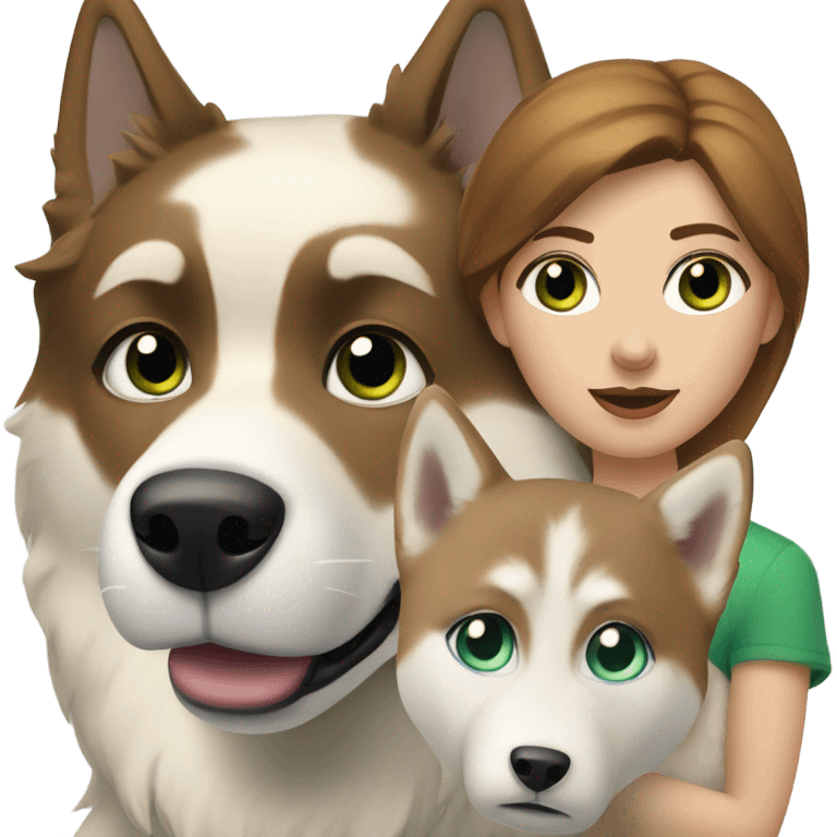 White Woman hair brown and bleus eyes and golden Husky With green eyes emoji