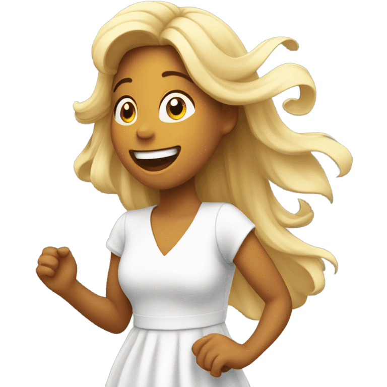 smiling girl in white dress singing hair blowing in the wind emoji