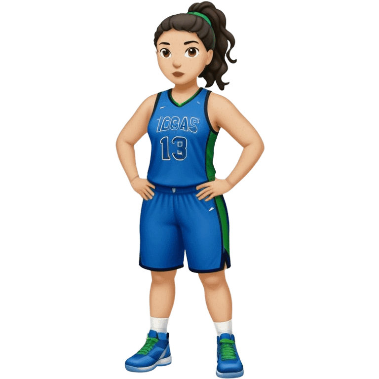 full body plus size light skin  latino women basketball player with wavy dark hair in pony tail wide nose wearing blue uniform with green accent emoji