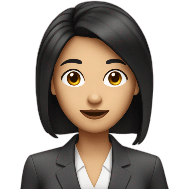 Business woman with should length black hair holding a cell phone emoji