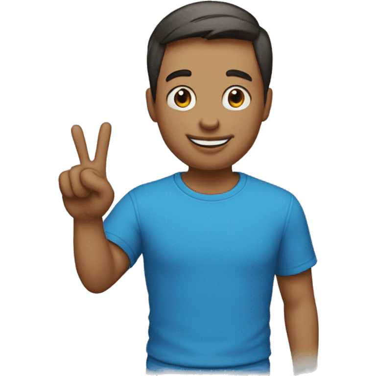 A portrait of a man with a short middle part haircut holding the peace sign and he is happy and he has a blue t shirt emoji