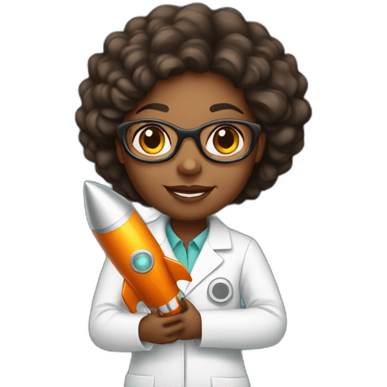 African American girl scientist holding a rocket emoji