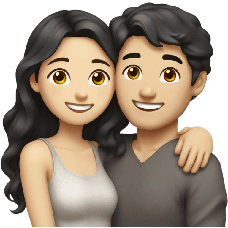 A cute and very happy Asian couple hugging each other very tight. The girl has long dark wavy hair and pale skin and dark hazel eyes, the Man has short dark straight hair and bright amber eyes and is pale emoji