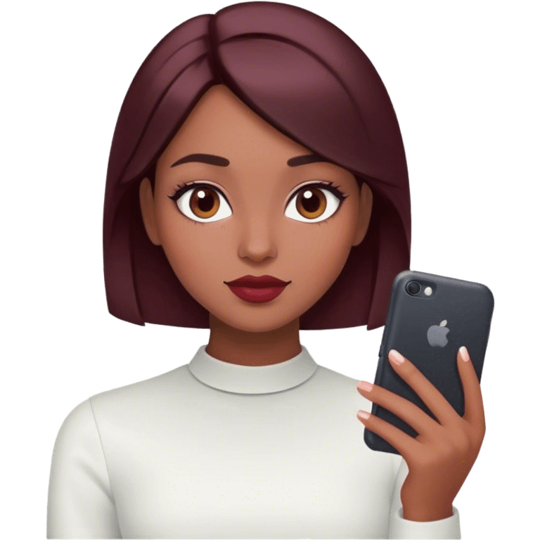 A brunette girl with a square hairstyle , selfie burgundy emoji