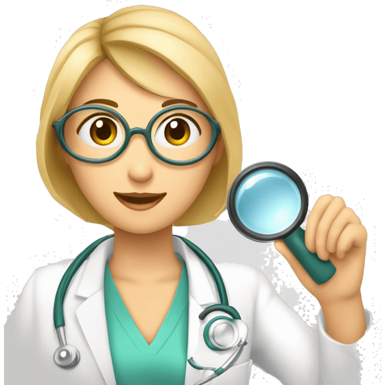 Dessine moi une image d'un docteur femme avec un stéthoscope autour du couen train de regarder dans une loupe comme un détective emoji