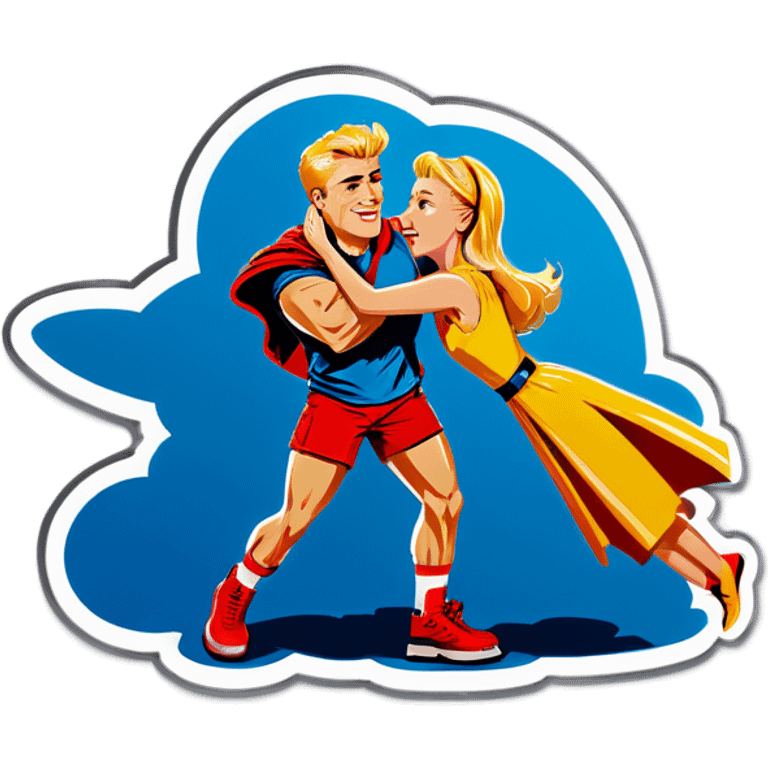 Blonde girl calling blonde guy her hero emoji