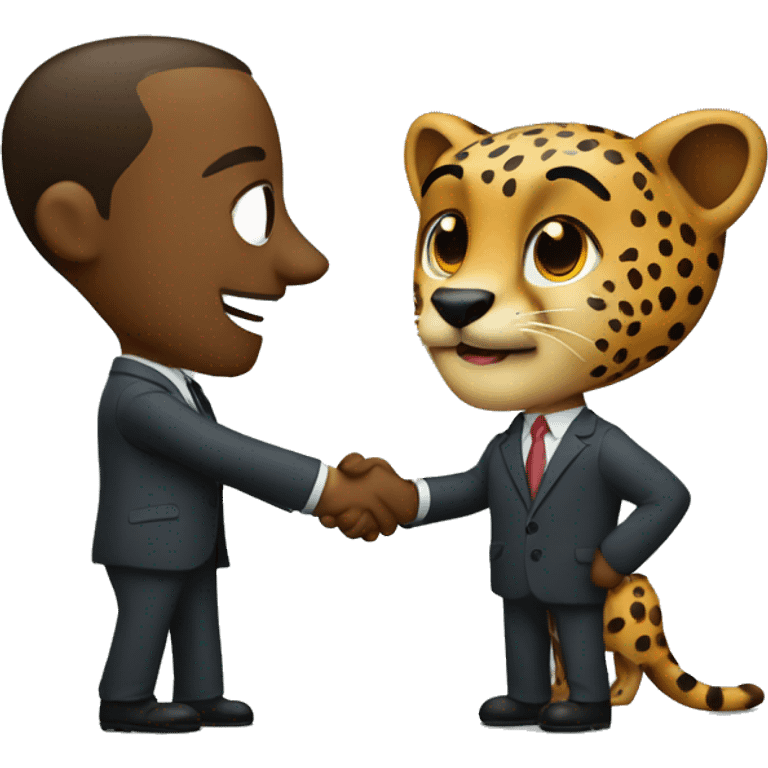 A cheetah in a classic suit shakes hands with a man  emoji