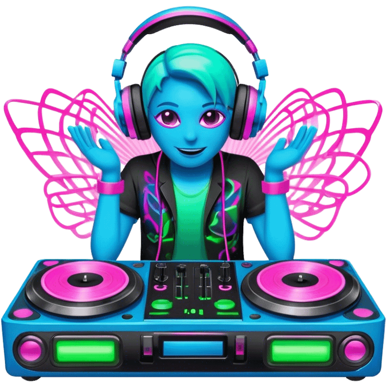 Create a dynamic and modern emoji that represents electronic music and DJing. The design should feature a DJ controller with two vinyl turntables, DJ headphones, and glowing sound waves or a waveform to symbolize the energy of mixing and electronic beats. Use vibrant neon colors like electric blue, neon pink, or green to represent the futuristic and pulsating nature of electronic music. Add subtle details of flashing lights or abstract patterns to evoke the nightclub or festival atmosphere. The background should be transparent. emoji