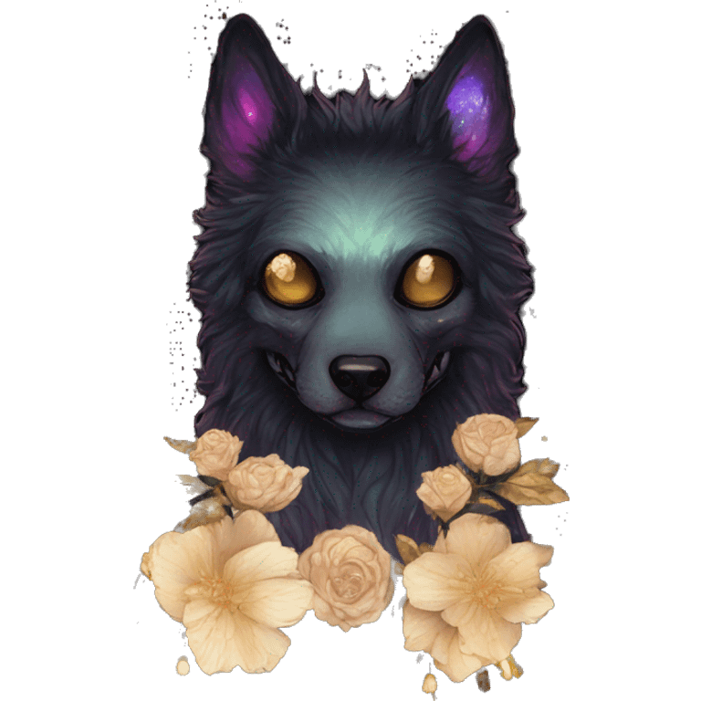 Black iridescent fluffy dog fox head skull zombie skull skeleton skull gold mechanical steampunk raven wings nebula galaxy stars colorful flowers fairy lights vintage emoji