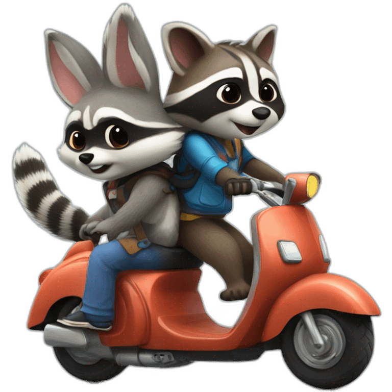 raccoon giving a ride to bunny both on a scooter emoji